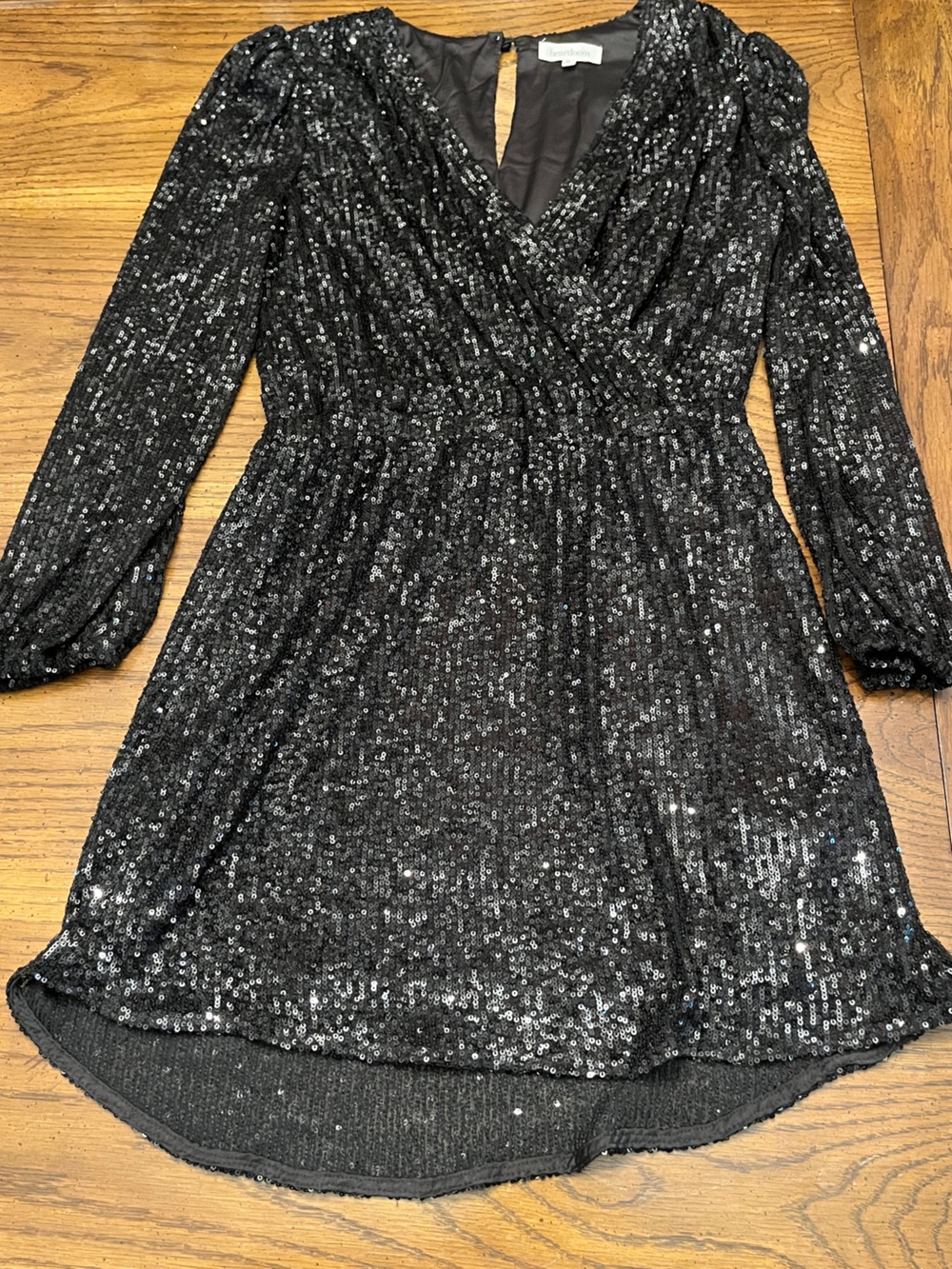 Heartloom Black Sequin Long Sleeve Faux Wrap Dress, size medium